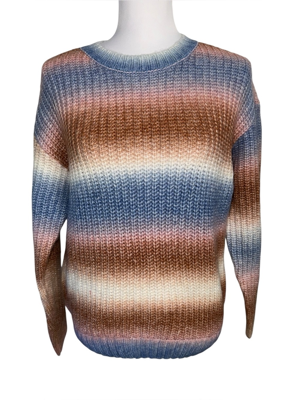 Sugar & Jade XL‎ Blue Brown Stripe Sparkle Knit Sweater Cozy Crewneck Soft